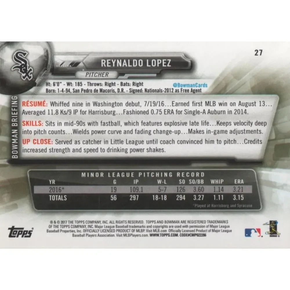2017 Bowman Reynaldo LopezÂ  RC # 27 Chicago White Sox
